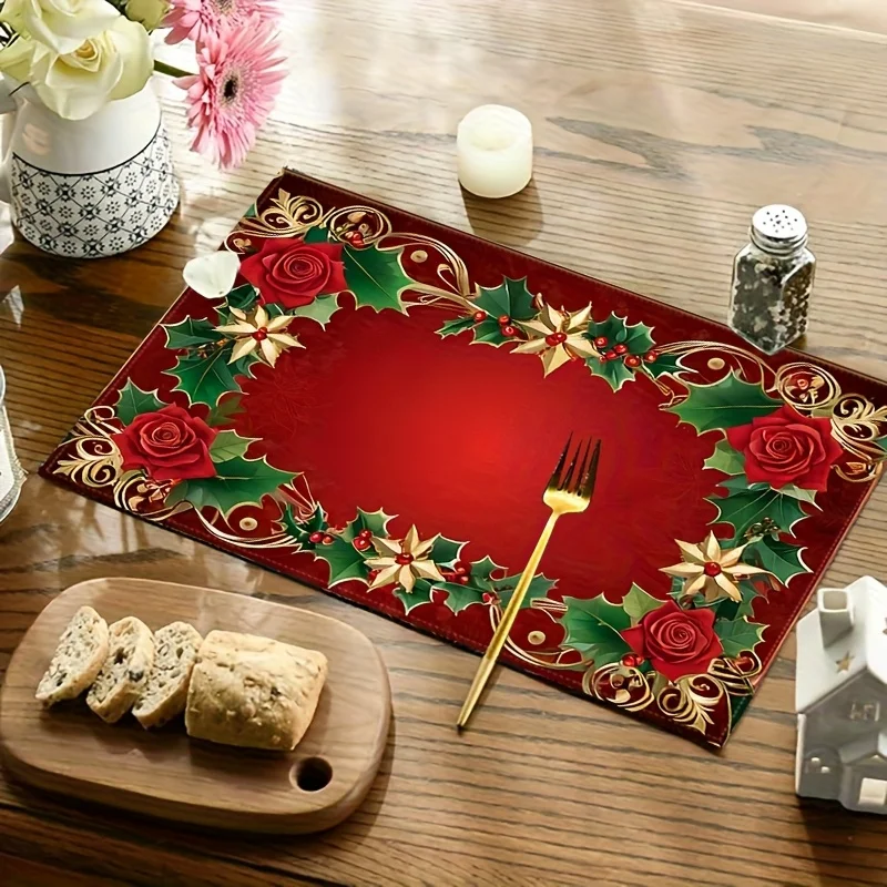 VIKAMA 4/6/8-teilige Weihnachts-Tischsets mit Rosenkanten und Goldkanten, Urlaubsversammlung, Familie, Esstisch, Dekoration, Zubehör, Party-Dekoration