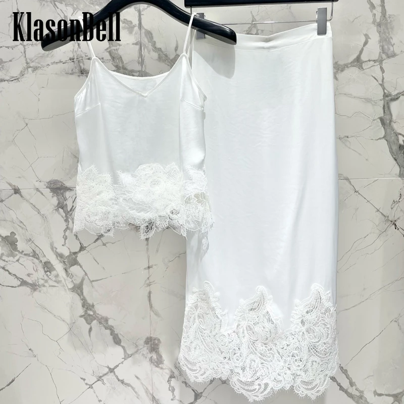 

6.12 KlasonBell Women Embroidery Sequins Lace Spliced Acetate V-Neck Sexy Suspender Tank Top Or High Waist Split Skirt Set