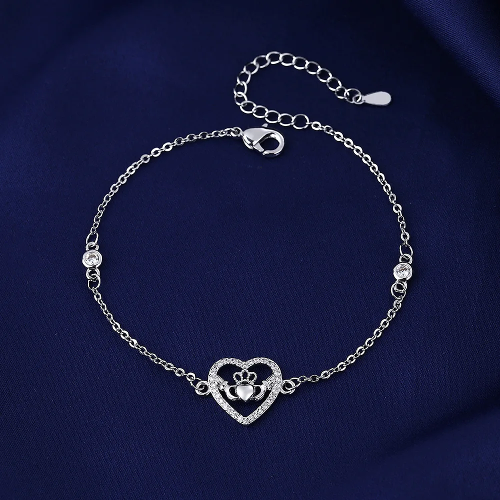 

925 Sterling Silver Heart Crown Sparkling Zircon Women's Bracelet for Girlfriend's Birthday Gift