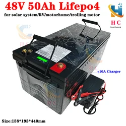 Waterprof 48V 50Ah Lifepo4 lithium battery bms 16s for trolling motor RV solar storage RV motorhome+10A Charger