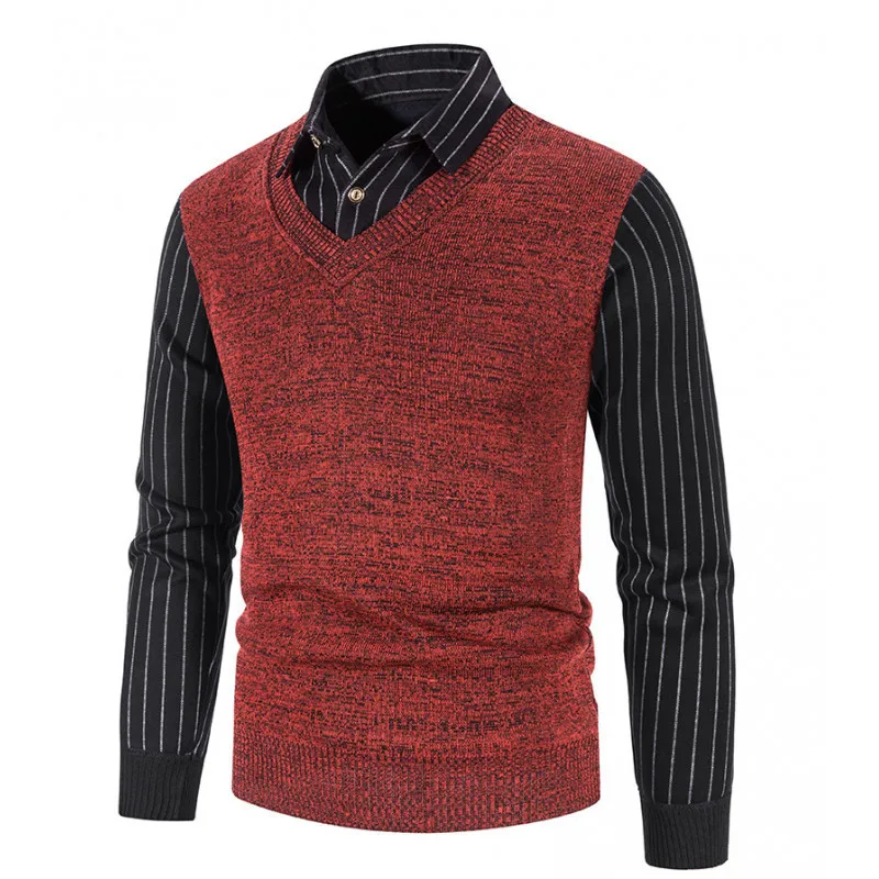 2025 الخريف والشتاء الرجال وهمية قطعتين طويلة الأكمام موضة قميص سترة محبوك سترة البلوز