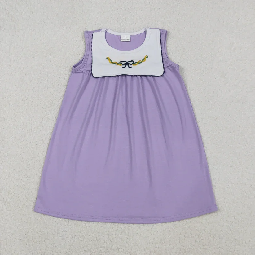 

Оптовая продажа, детская одежда для малышей, карнавальный узор с бантом, фиолетовое платье без рукавов