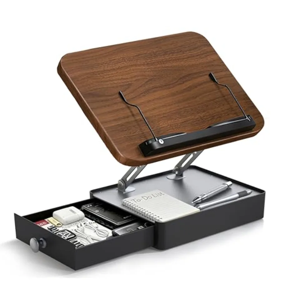 

Подставка для книг с выдвижным ящиком, регулируемая деревянная подставка для чтения на столе, эргономичная подставка для книг с регулировкой высоты и угла наклона для учебников