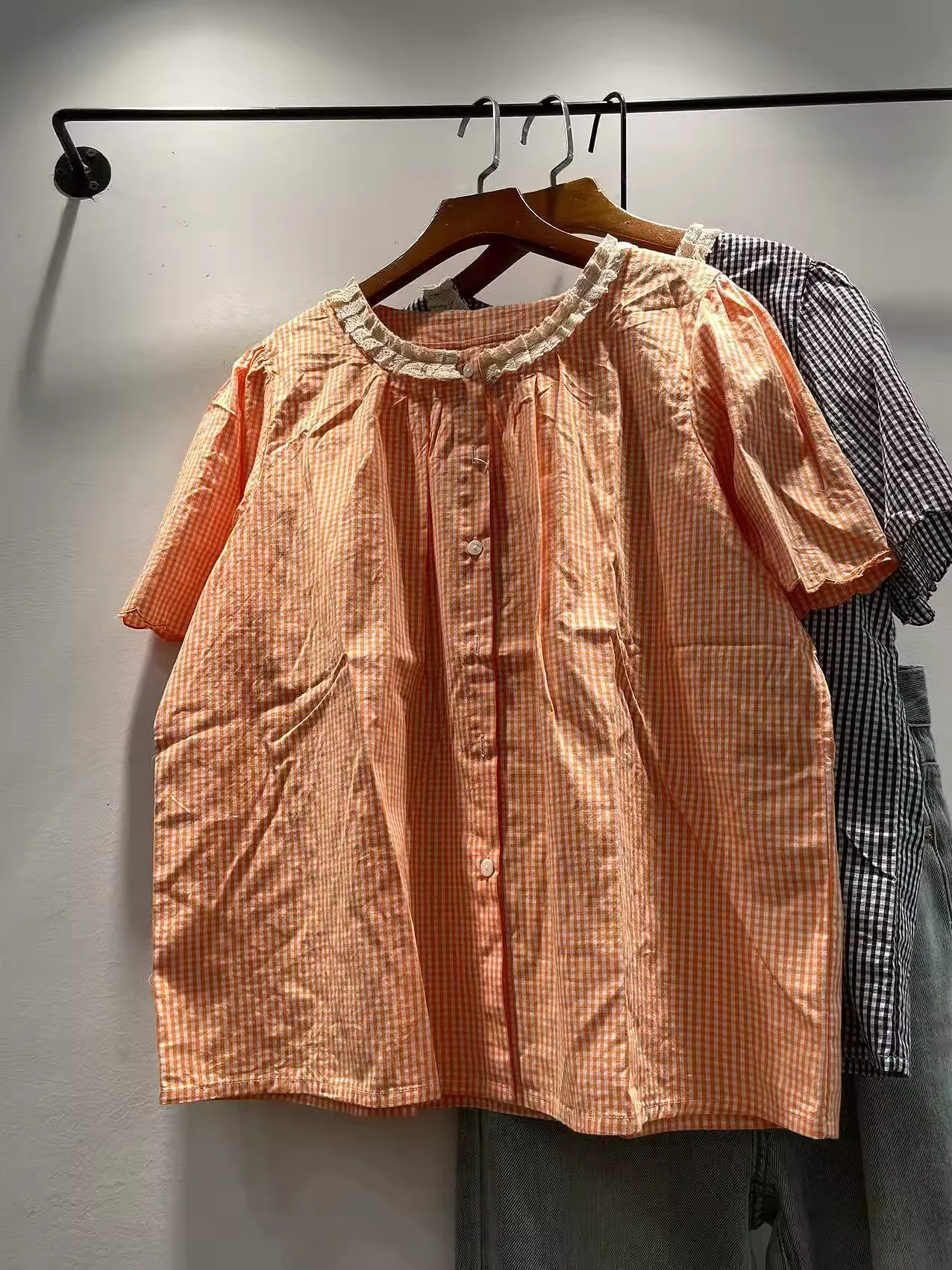 

2025 Cotton women's summer shirt japanese style clothes mori girl summer orange blue plaid shirts short sleeve blouses
