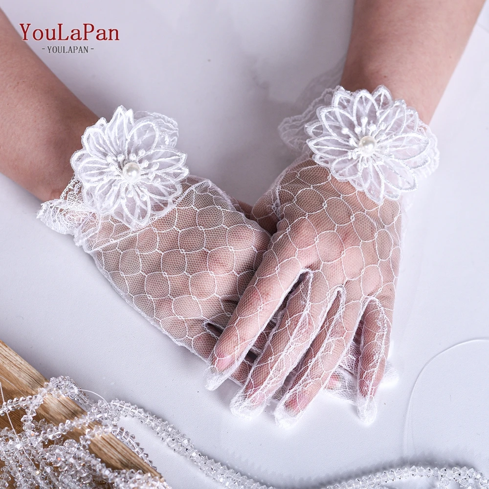 YouLaPan T10 Exquisite Pure White Fishnet Bridal Gloves Fashionable Elastic Mesh Flower Style Suitable For Daily Travel