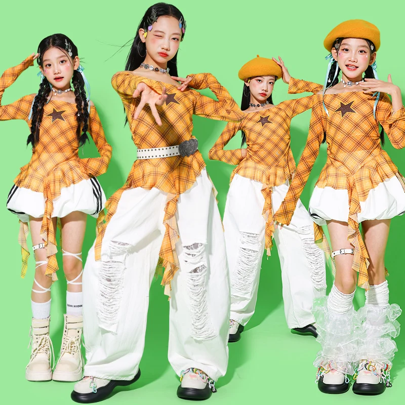 

K-pop для девочек, клетчатый укороченный топ, юбки, брюки-карго для уличных танцев, детская милая уличная одежда в стиле хип-хоп, комплекты одежды для групповой джазовой одежды для девочек