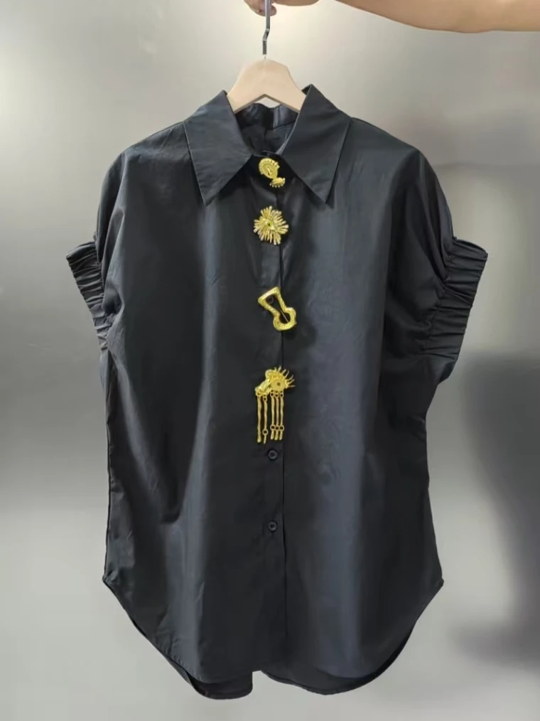 Luxury Design Removable Sequins Blouses Shirts Women 2026 Summer Trend Short Sleeve Black White Tops for Women рубашка женская
