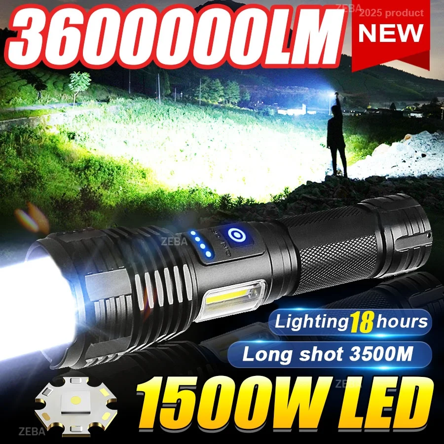 1500-ワット-led-超高輝度懐中電灯-usb-充電式防水戦術トーチサイドライト付き屋外釣りアドベンチャーランタン