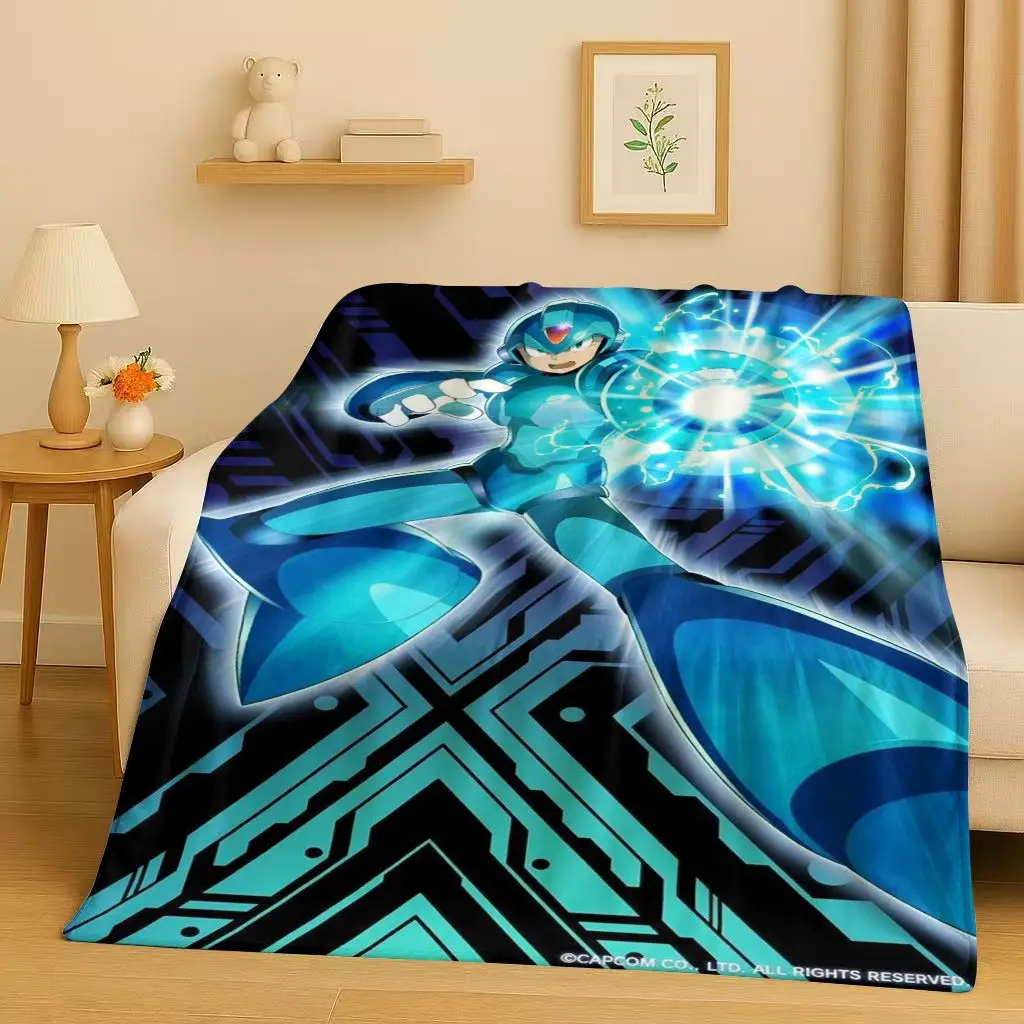 HD Retro Game Rockman Mega Man Flannel Blanket,Ultra Soft Warm Plush Throw for Home Bedroom Bed Sofa Cover Office Travel Picnic