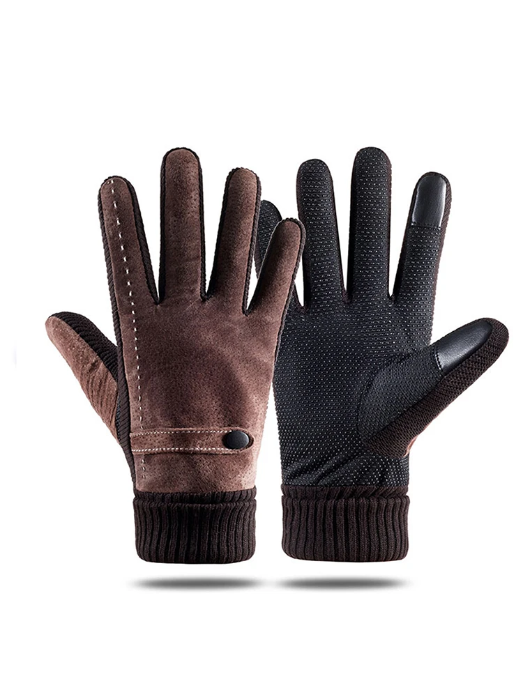 

Winter Men's Pigskin Touchscreen Gloves, Fleece-Lined, Thickened, Windproof, Motorcycle Riding Cold-Resistant Gloves