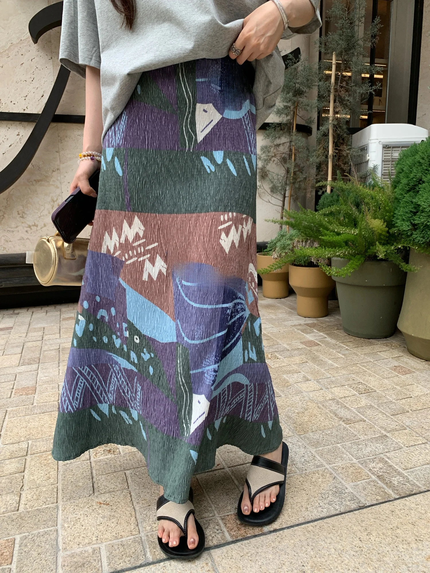 

NAZ plus Size Summer Pleated Texture A-Line Skirt Elastic Waist Slimming Heavy Print f-length Casual High Waist Skirt