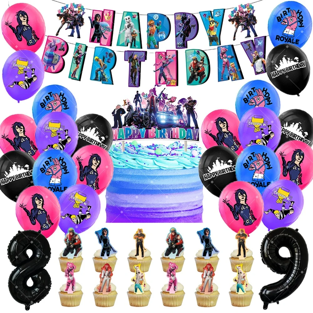 Suministros para fiesta de cumpleaños de Fortnite, decoración para cupcakes con personajes de juegos de disparos, globos, accesorios de fondo para fotografía, regalos para niños