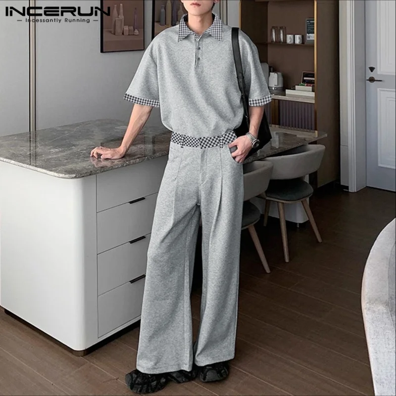 

INCERUN Мужские комплекты Лоскутная футболка с лацканами и короткими рукавами и брюки Комплекты из двух предметов Уличная одежда Свободные модные мужские повседневные костюмы 2025 года