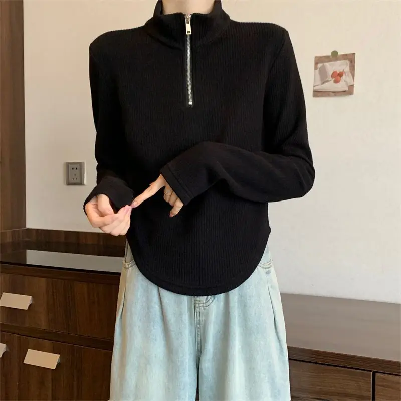 Spring Autumn Half High Collar Pullovers Slim All-match Female Clothing Long Sleeve Commute Solid Color Fashion Zipper T-shirt