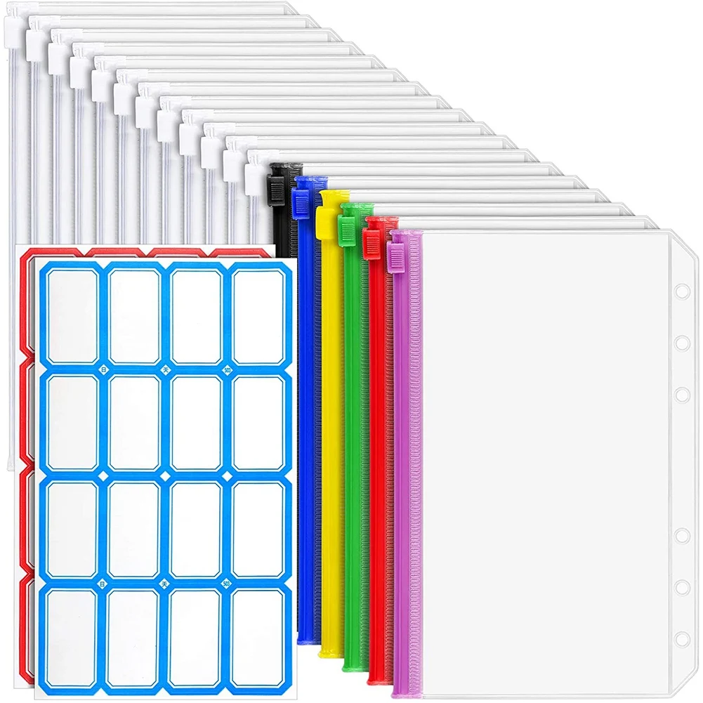 N82R 18 PCS A6 Binder Pockets 6-Ring A6 Zipper Pouch For Budget Binder, Waterproof Plastic Envelope Folders Pouch Bags
