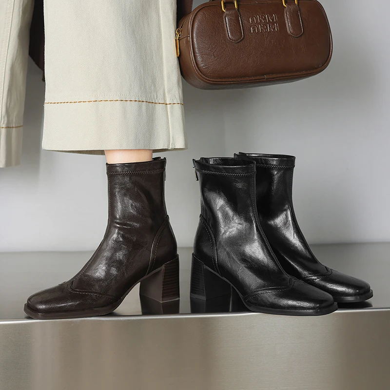2026 new autumn winter women ankle boots natural leather plus size 22-25cm split leather square toe retro back zip short boots