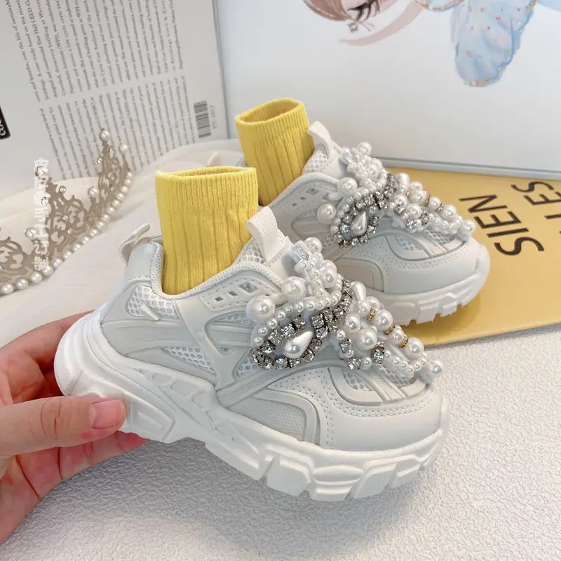 Rhinestone Kids Sneakers Girls Spring Fashion Casual Running Sports Trainers Brand Breathable Children Pearl with Diamond Flats