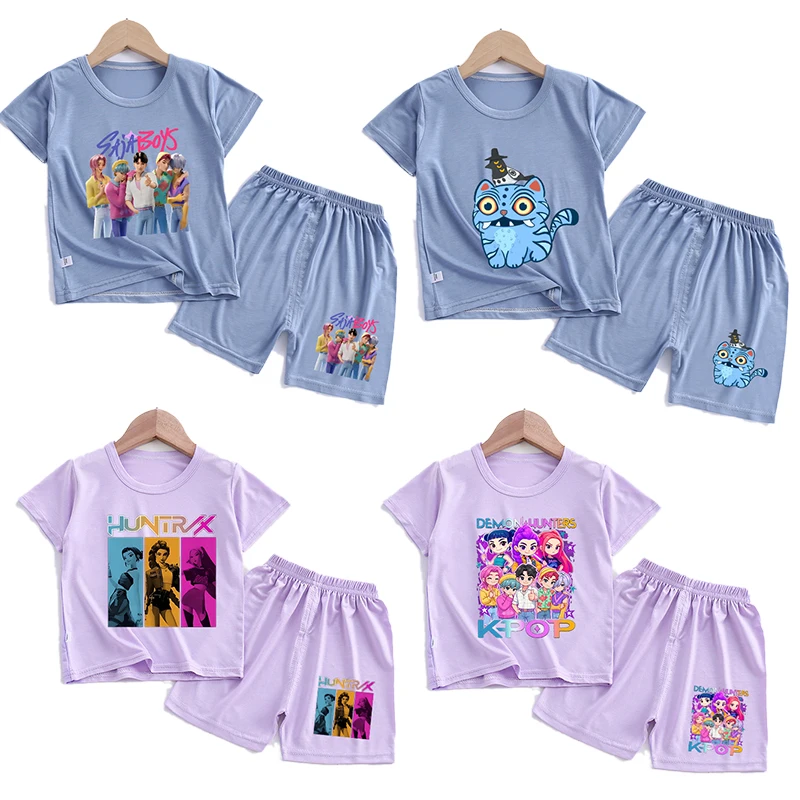 

KPop Demon Hunters Summer Children Pajamas Set Cute Anime Cartoon Kids Pijama Boy Girl Sleepwear Short-Sleeved Pants Loungewear