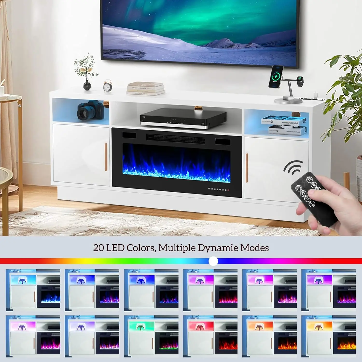 Lareira elétrica TV Stand, LED Entertainment Center, sala de TV armário com armazenamento, 18 polegadas, 36 polegadas