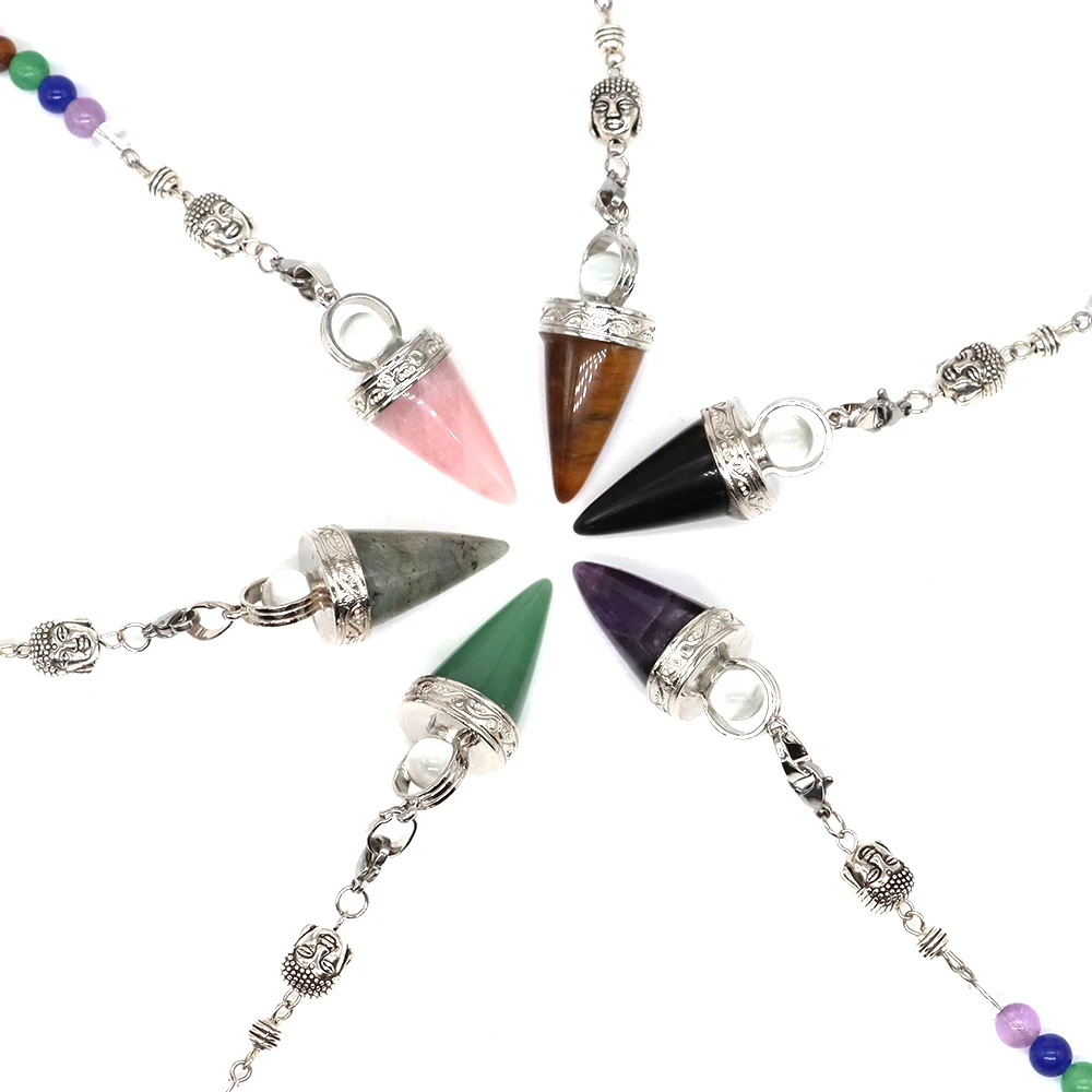 Natural Stone 3D Buddha 7 Chakras Chain Pendulum Reiki Healing Crystal Amulet for Dowsing Spiritual Divination Conical Pendulo