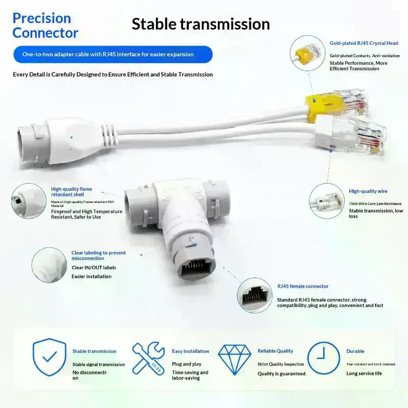 Two In One POE Splitter Networks Cable Connector 3 Ways RJ45 Head CCTV POE Adapter Cable For IP Camera System