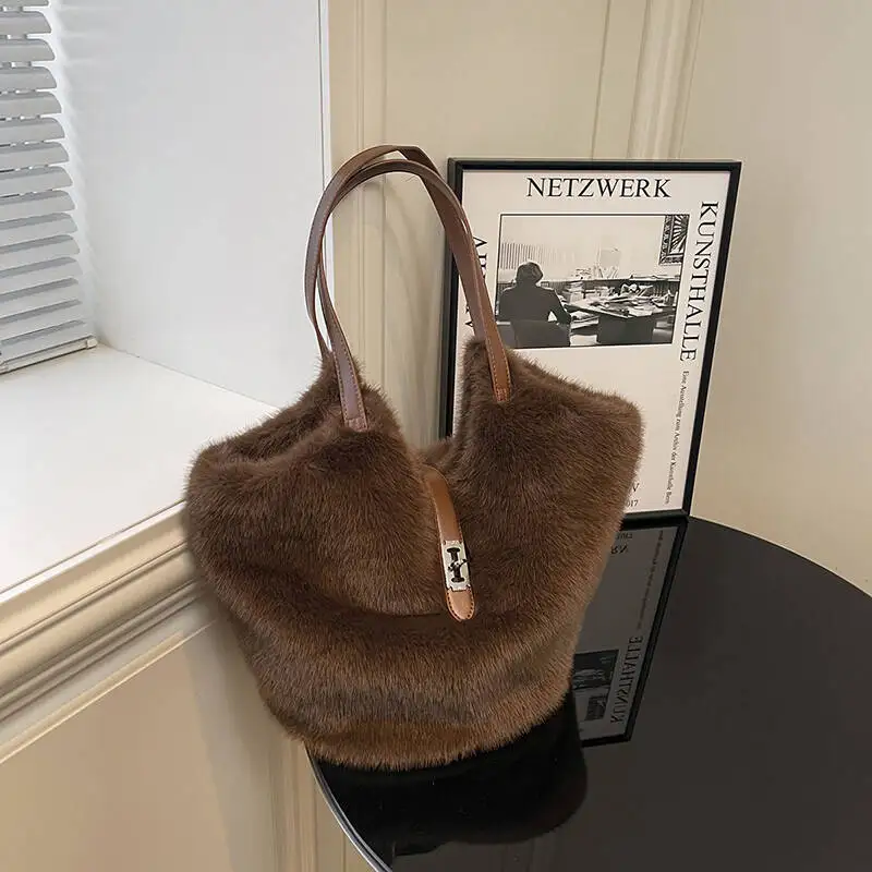 New Fur Shoulder Bag with Rabbit Plush Charm Zipper Closure Soft Texture Casual Fashion Large Capacity Handbag Unisex Minimalist