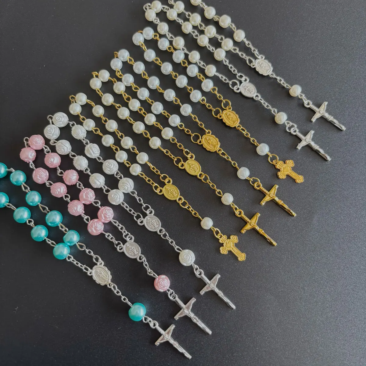 Mini Rosary Gold Silver Pearl First Baptism Gifts Miraculous Virgin Mary Medal Crucifix Jesus Bag Car Pocket Rosary
