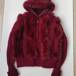 Rabbit fur fur coat for women 2024 Haining Spring and Autumn new style hooded short knitted long sleeved sweater plus size
