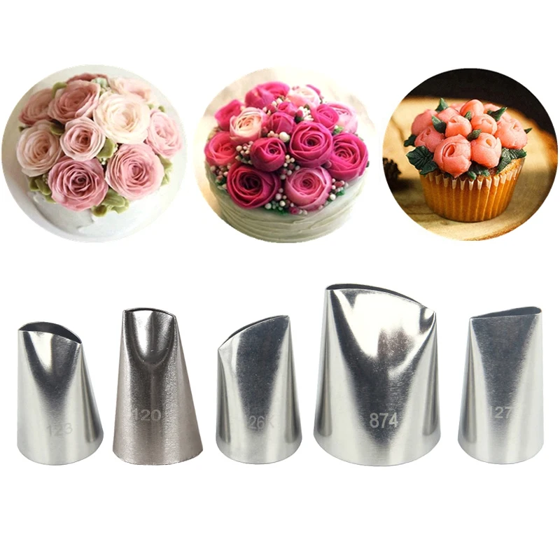 

5pcs/set Rose Petal Cream Pastry Tips Stainless Steel DIY Cupcake Icing Piping Nozzles Cake Fondant Decorating Tools
