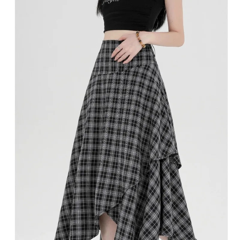 TFETTERS Women Plaid Irregular Midi Skirt Summer High Waist Asymmetrical Hem Long Skirt Vintage Checkered Skirt Streetwear