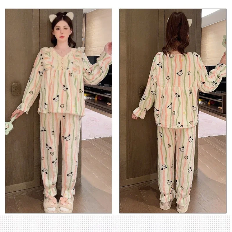 5XL Sweet Cartoon Flannel Pajamas Women Plus Size Winter Thickened Warm Loungewear Long Sleeve Trouser Suit Loose Outside Wear