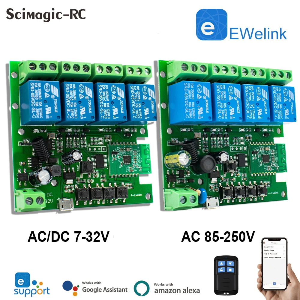 

Ewelink 4ch Умный свет Автоматический беспроводной выключатель Wifi Rf 433mhz 4 канала шторки занавески пульт дистанционного управления 7-32V 85-250V 4 Gang