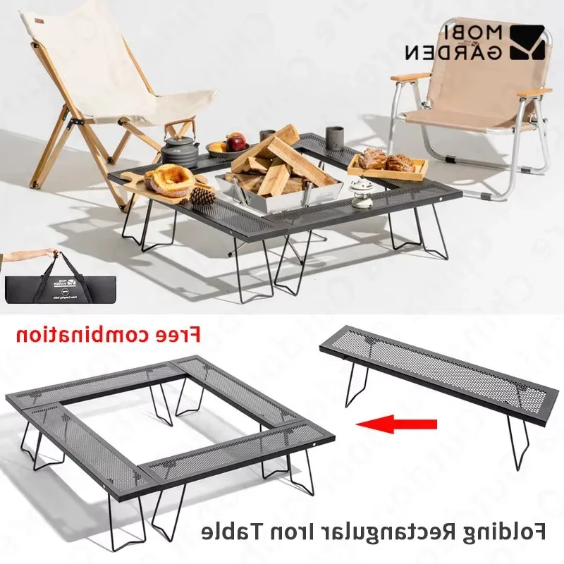 MOBI GARDEN Camping Folding Table Multifunctional Square Stitching Furniture Outdoor Family Gathering Picnic Barbecue Beach Iron