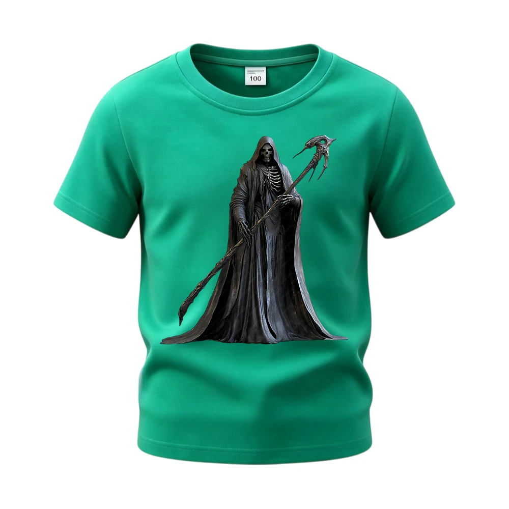 Grim Reaper Holding A Scythe Children Cotton Tops Tees Short Sleeve Basic Daily T‑Shirt Halloween Shirts for Boys Girls Kids