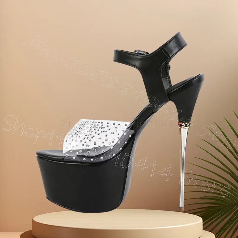 الأبيض بولي كلوريد الفينيل حجر الراين كعب معدني صنادل أرضية مشبك حزام النساء أحذية رقيقة عالية الكعب حفلة يؤرخ 2025 Zapatos Para Mujere