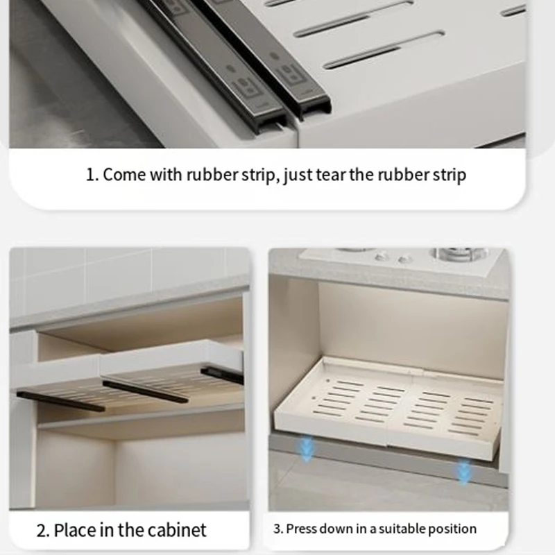 Pull-Out Cabinet Rack Kitchen Organization & Storage Non-Nail Sticker Or Drill Hole With Expandable Width