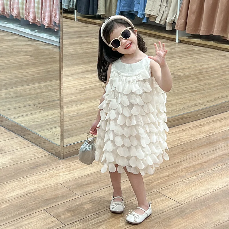 Girls Skirt 2024 Spring and Summer New Feminine Casual Sleeveless Dress Girl Sweet Petal Holiday Wind Princess Kid Dress