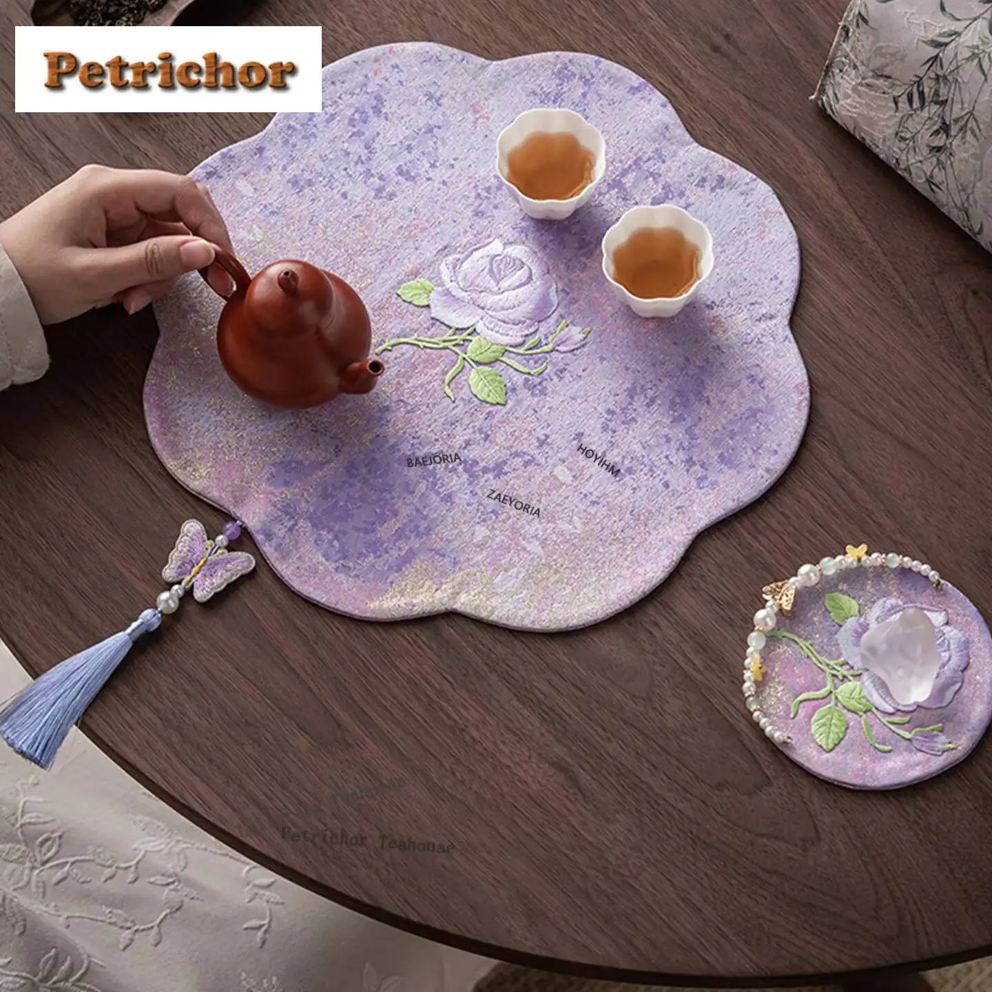 Beaded Embroidered Brocade Flowers Tea Table Mats Ancient Drink Coaster Dinner Table Cloth Mat Tea Ceremony Collection