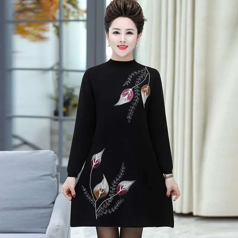 Wine Red Winter Printed Women\'s Thick Half High Neck Long Sleeved Knitted Top Autumn Temperament Commuting Loose Fitting Dress