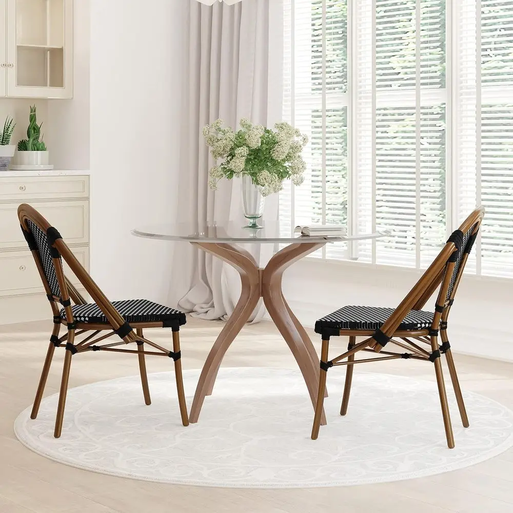 

Woven PE Seat and Back Bistro Chairs - Black & White, Bamboo Inspired, Indoor/Outdoor, Set of Two