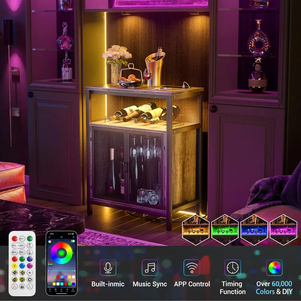 Wine Bar Cabinet com RGB Light e Outlet, Free Standing Wine Rack Table, Liquor Cabinet com suporte de vidro