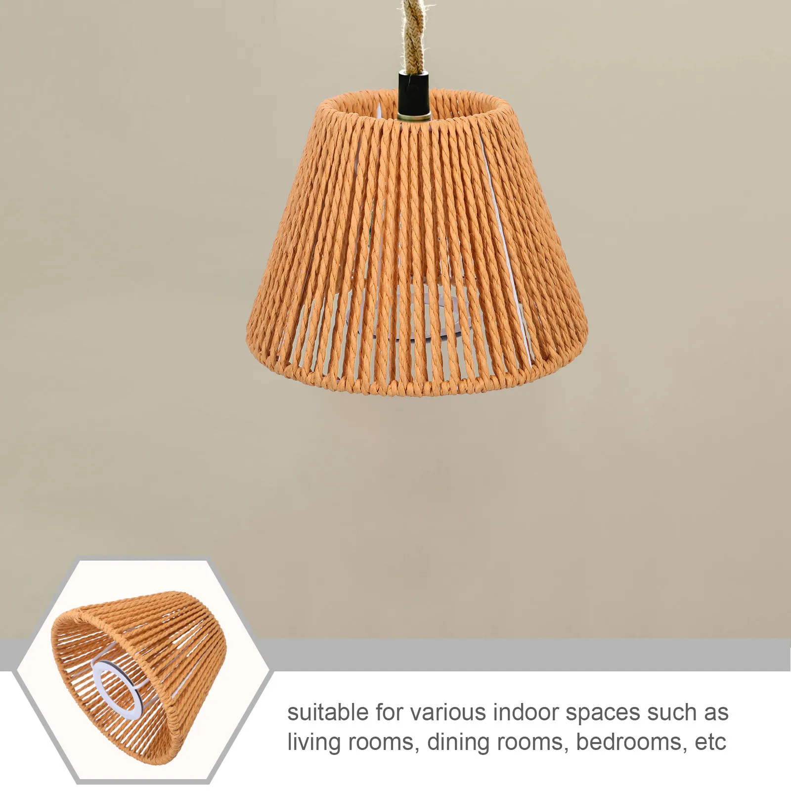 Handwoven Lampshade Cone Shape Iron Frame Paper Rope Pendant Light Shade Ceiling Lamp Cover for Hotel Home Lighting