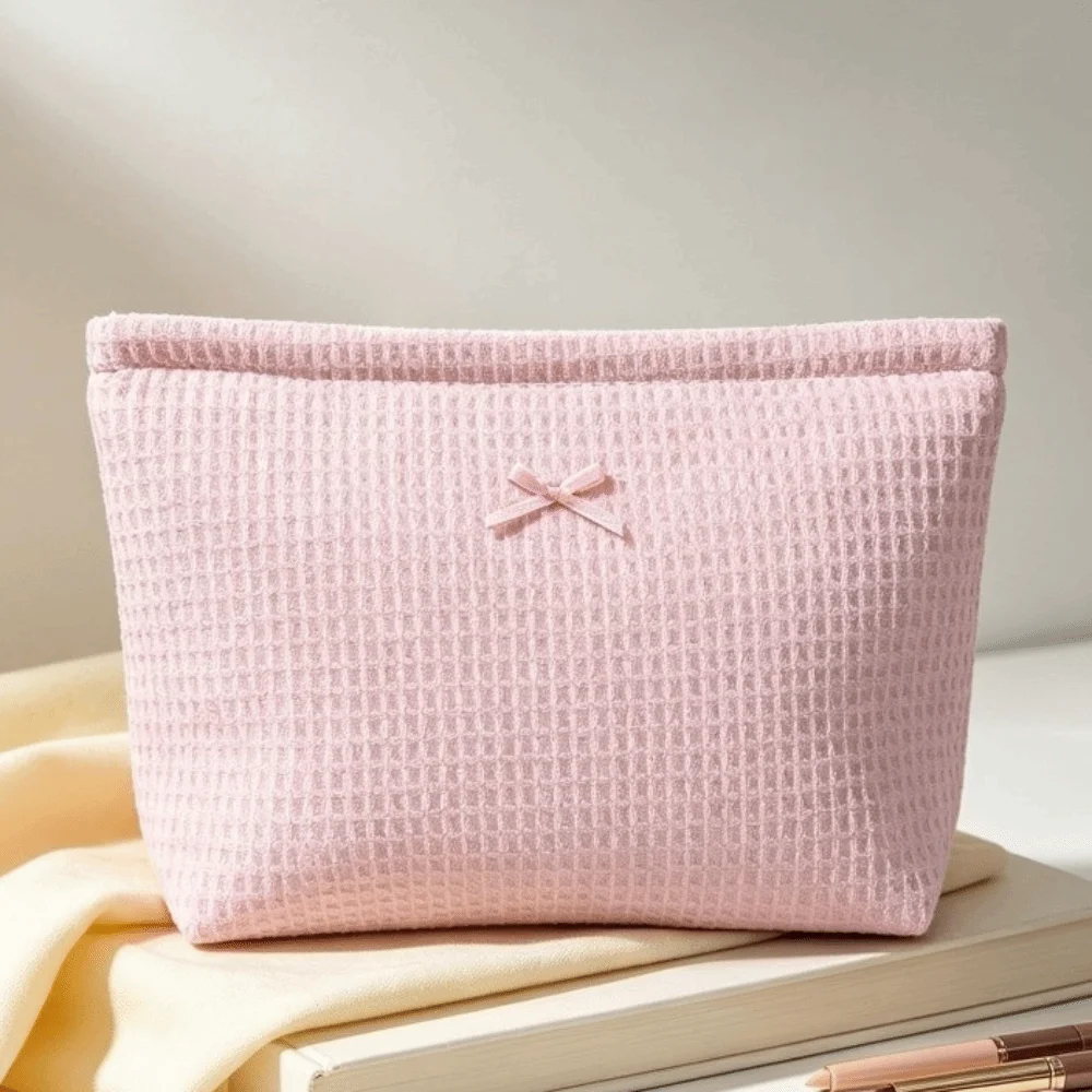 Cute Bow Decor Waffle Knit Makeup Bag Large Capacity Zipper Cosmetic Bag Portable Lightweight Toiletry Organizer Girls