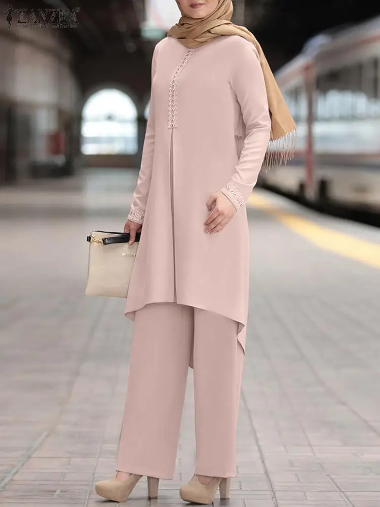 

Women Blouse Suit Fashion Muslim Sets 2PCS ZANZEA Long Sleeve Patchwork Shirt & Wide Leg Pants Autumn Tracksuit IsIamic Clothing