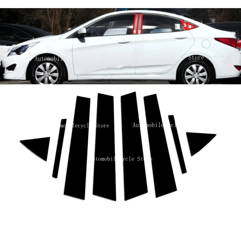 8PCS Glossy Black Pillar Posts Fit For Hyundai Accent Solaris Sedan 2011 2012-2018   Window Moulding B C Center Sticker Cover