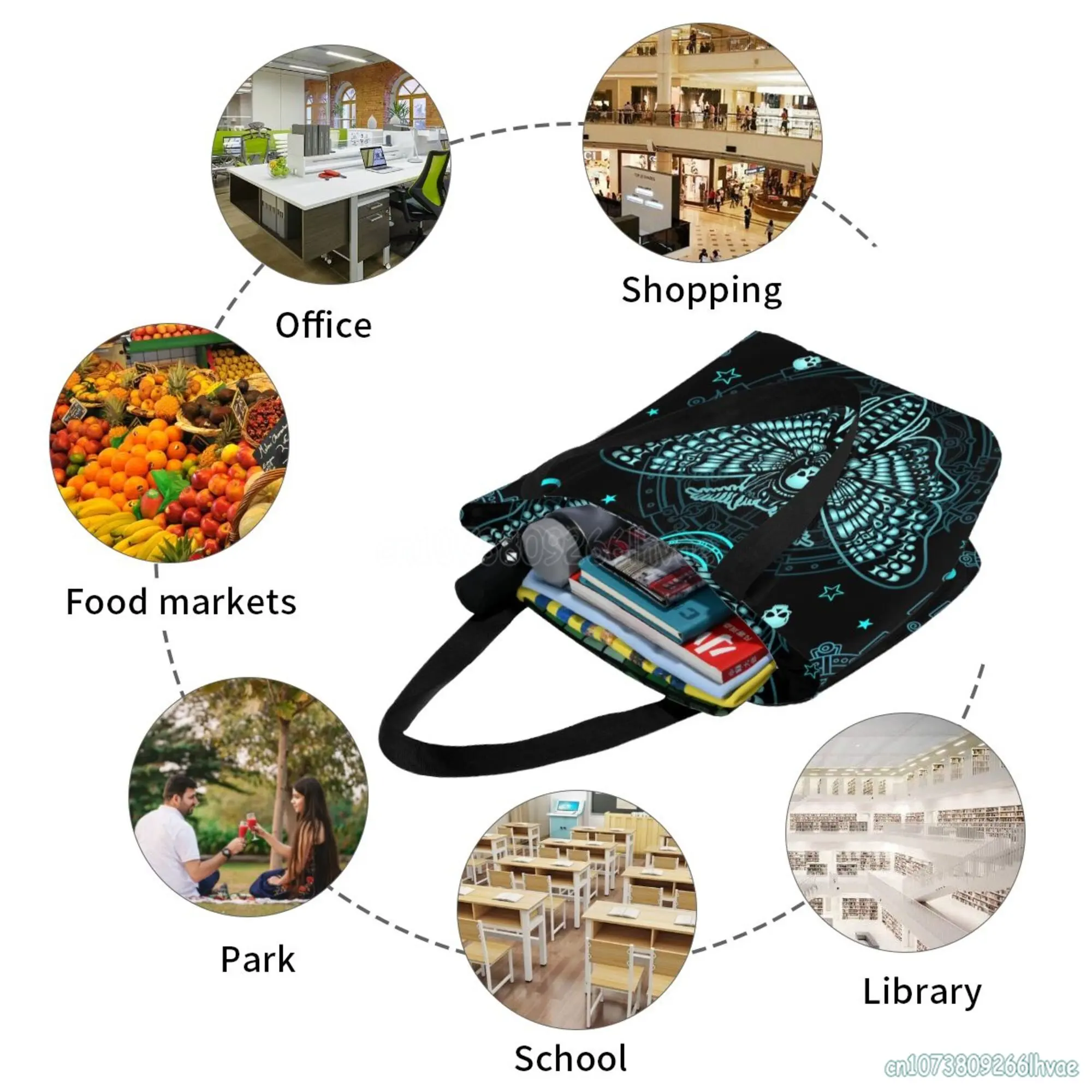 Black Skull Moth Storage Handbag Extra Large Canvas Beach Travel Reusable Grocery Shopping Tote Bag Unisex Portable Shoulder Bag