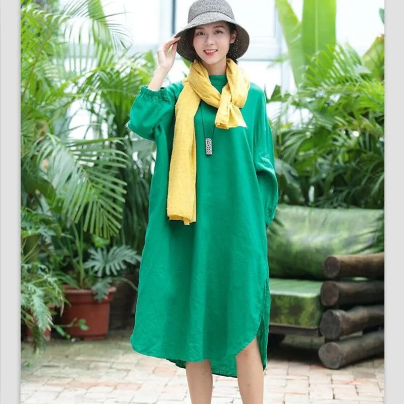 

2026 woman spring cotton linen long dress casual solid color long sleeve stand collar dress loose slim green fashion elegant
