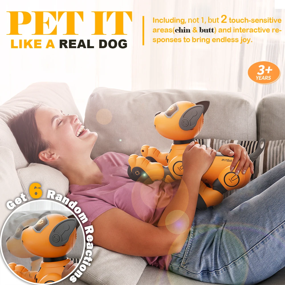 VATOS-Robot Chien Jouet pour Enfants, Commande Vocale, 2.4GHz, Télécommande, Animal de Compagnie, Capteur Tactile, Mode 20 +, Jouet Chiot pour Enfants, Bol, Orange