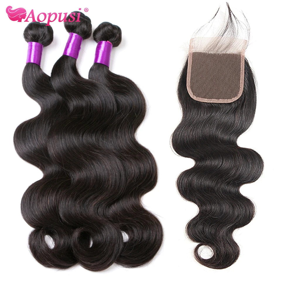 Aopusi Body Wave Bundles With Closure Brazilian Human Hair Weave Bundles With Closure Hair Extension 3/4 Bundles With Closure