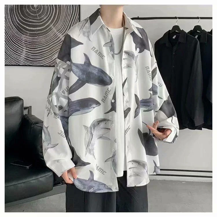 style summer and autumn loose trendy brand shirt Korean style trend versatile long-sleeved thin full-print shark shirt trend ins